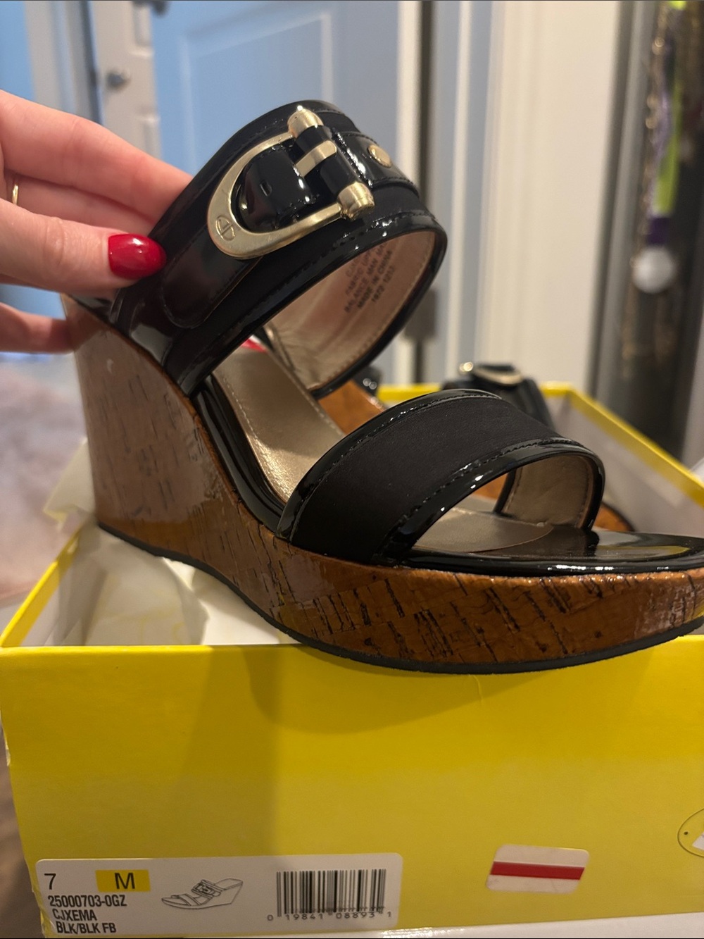 Black Wedge Sandal with Gold Buckle Accent - Women